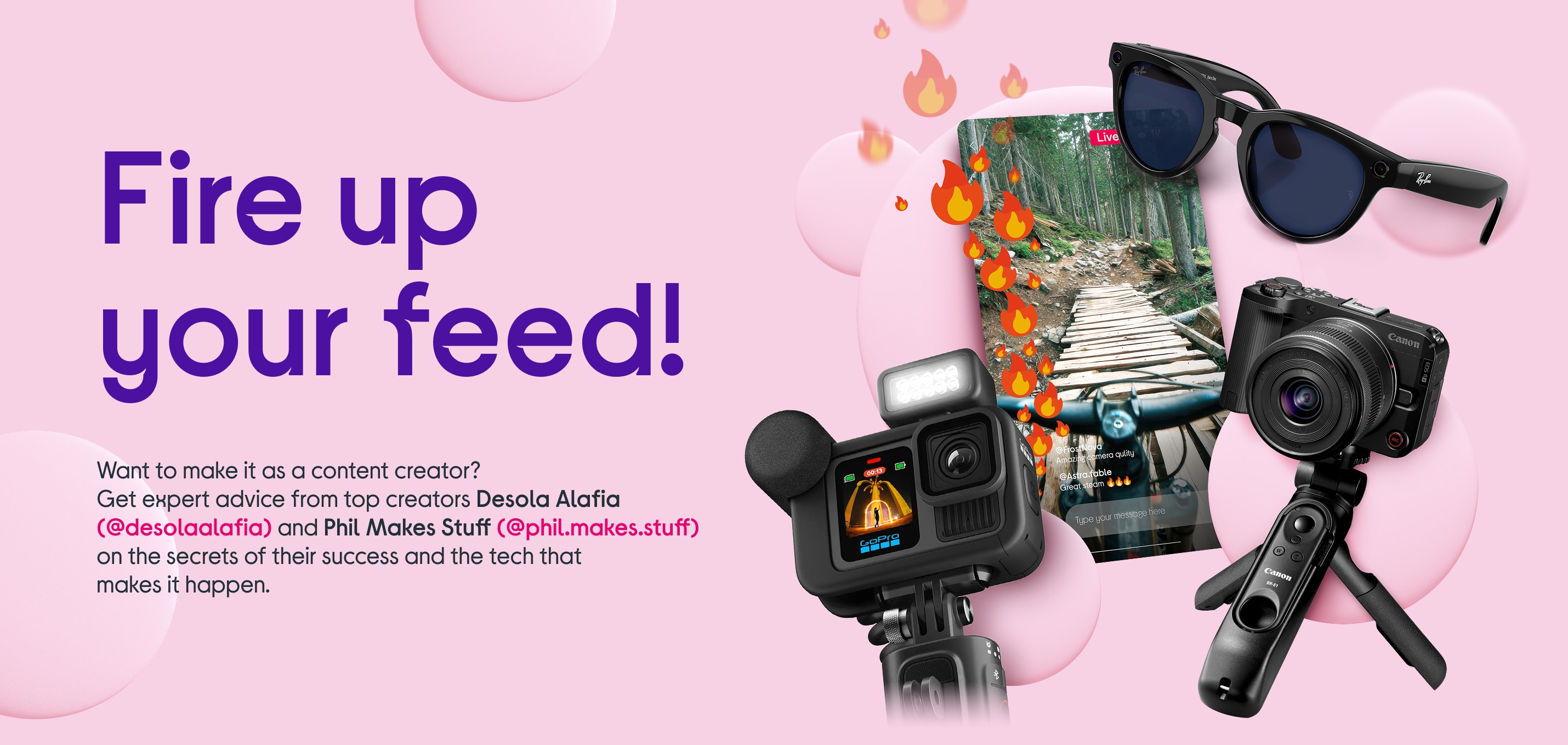 An assortment of drones and cameras for content creators with a screenshot of an action-packed live-stream