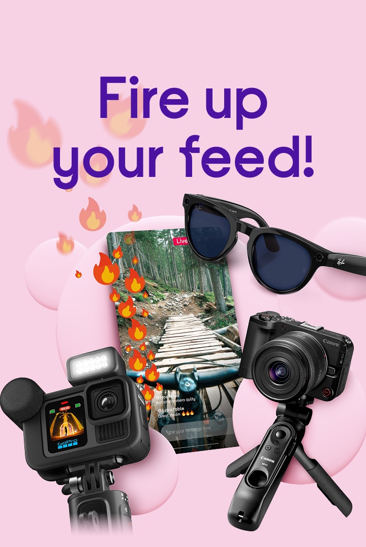 An assortment of drones and cameras for content creators with a screenshot of an action-packed live-stream