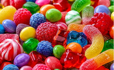 A vivid, close-up macro shot of brightly coloured sweets, highlighting more reds, greens and blues.