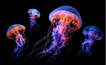 A glowing, translucent jellyfish swimming against a deep black ocean background, displaying sharp contrast and zero light halos.